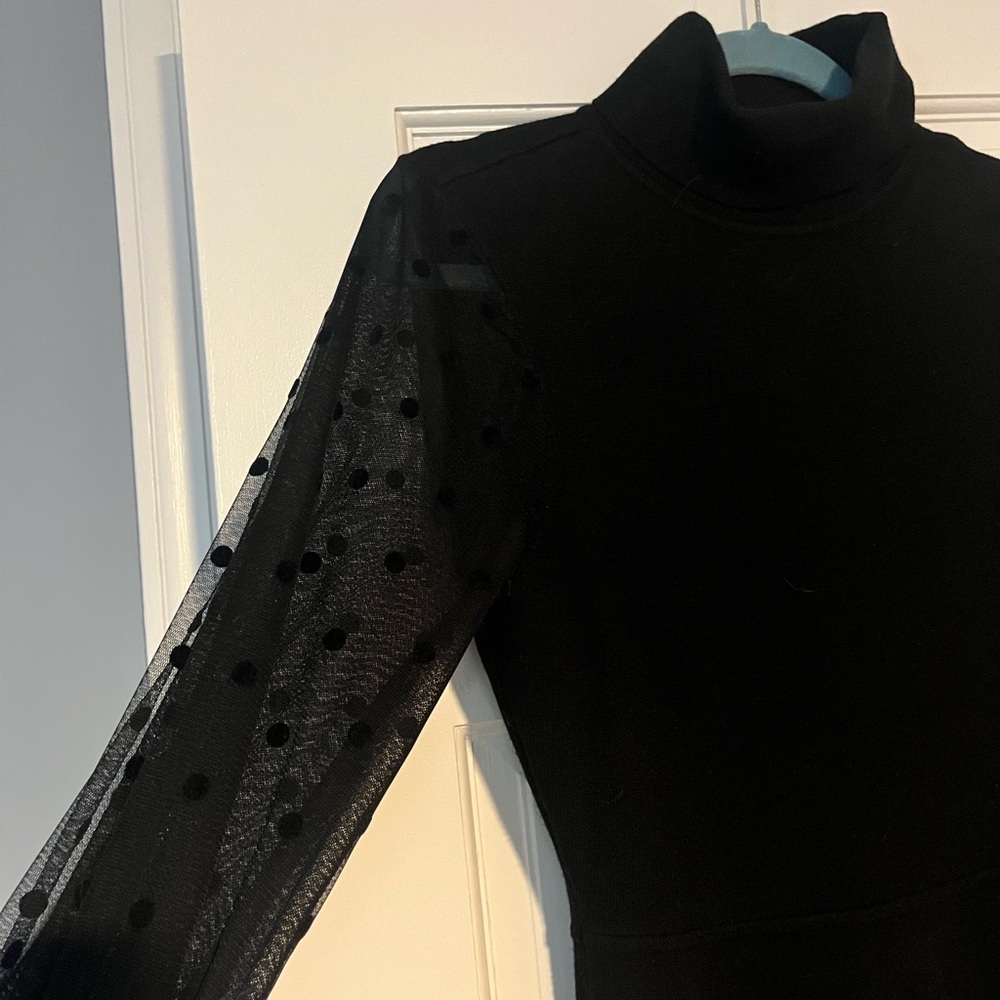 Eliza J Black Turtleneck Sweater dress with Sheer Polka Dot Sleeves - Picture 6 of 7